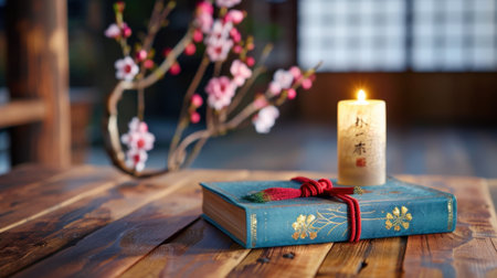 A beautifully styled vintage book adorned with floral design rests on a wooden table next to a glowing candle, creating a warm, serene atmosphere perfect for relaxation.の素材