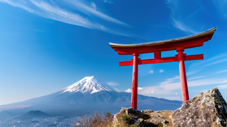 Experience the serene beauty of Japan with a striking red torii gate in front of the iconic snow-capped Mount Fuji, framed by a clear blue sky.の素材
