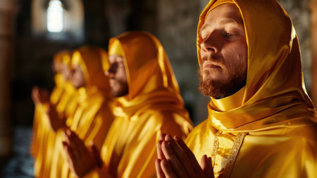 A group of devoted monks in vibrant yellow robes engaging in meditation and prayer inside an ancient temple, evoking a sense of peace and spirituality.の素材