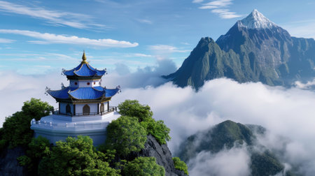 A tranquil mountain temple stands amidst a sea of clouds, framed by stunning peaks against a clear blue sky, offering a serene escape into nature's beauty.の素材