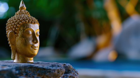 This beautiful golden Buddha statue evokes tranquility in a natural setting, perfect for promoting wellness, meditation, and relaxation themes. The soft bokeh in the background enhances the serene ambiance, making it ideal for various spiritual and aesthetic uses.の素材