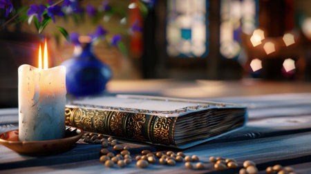 This enchanting still life features a warm candle illuminating an ornate vintage book surrounded by decorative elements, creating a cozy, inviting atmosphere.の素材