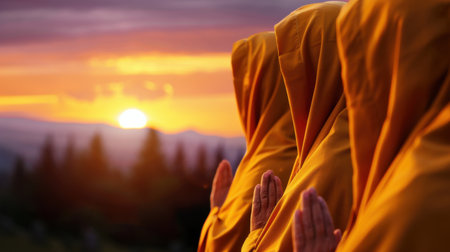 Three monks in orange robes practice meditation during a stunning sunset, surrounded by mountains and trees, evoking peace and serenity.の素材