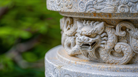 This captivating image showcases an intricate stone dragon carving on an ancient column, set amidst lush greenery in a tranquil garden. The detailed craftsmanship highlights the artistry and historical significance, inviting viewers to appreciate the serene beauty of nature and art together.の素材
