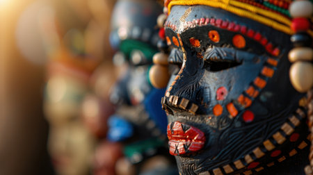This stunning image showcases intricate African masks displayed in a market setting, capturing the vibrant colors and detailed craftsmanship of cultural artistry.の素材