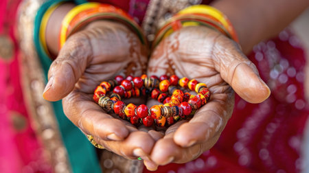 Close-up of open hands showcasing traditional handcrafted beads in vibrant colors, symbolizing cultural heritage and artistic craftsmanship.の素材