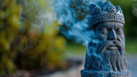 An enchanting stone sculpture of a regal figure surrounded by mystical smoke, set in a tranquil garden, highlighting artistry and nature's beauty.の素材