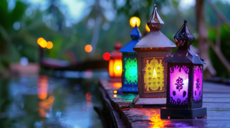 A serene scene featuring colorful lanterns placed along a wooden pathway beside a tranquil body of water in a tropical garden. The evening light creates a magical ambiance.の素材