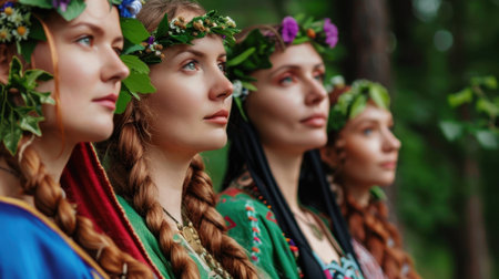 Four young women stand side by side in a lush forest, adorned with floral crowns and traditional attire, embodying beauty and harmony in nature.の素材
