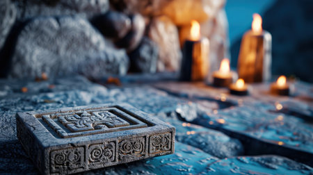 An ancient stone tablet featuring intricate carvings rests on a textured surface, surrounded by flickering candles that create a mystical and serene atmosphere.の素材