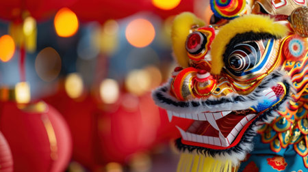 A striking dragon dance mask showcasing intricate details and vibrant colors, set against a blurred backdrop of red lanterns during a festive celebration.の素材
