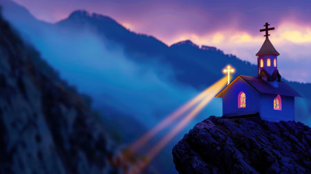 A picturesque mountain church stands atop a rocky outcrop, bathed in twilight hues. Its illuminated windows and radiant crosses create a spiritual atmosphere, perfect for reflection.の素材