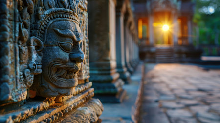 A stunning close-up of an intricate stone carving of a face at an ancient temple in Cambodia, illuminated by the warm glow of sunrise.の素材