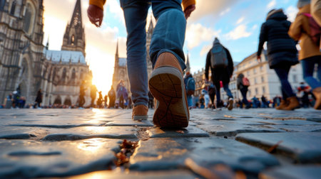 A person strolls along a cobblestone street during sunset, showcasing beautiful historical architecture, while people gather in the lively urban scene.の素材