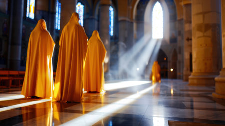This captivating image features cloaked figures navigating a grand cathedral, bathed in warm sunlight filtering through ornate stained glass, evoking a serene ambiance.の素材