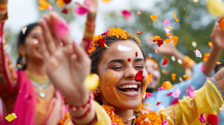 A joyful scene capturing the essence of a vibrant festival celebration where individuals express happiness through colorful flower petals and traditional attire.の素材
