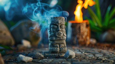 A captivating stone figurine exhaling smoke, accompanied by flickering flames from candles. This visually stunning image evokes a serene and mystical atmosphere, perfect for settings that emphasize nature, spirituality, and tranquility.の素材