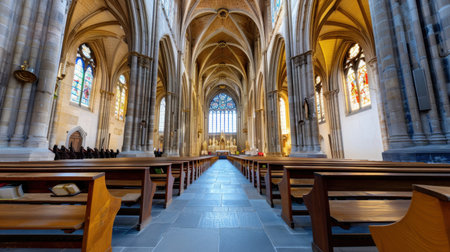 Explore the breathtaking interior of an ancient cathedral, showcasing intricate stained glass windows and serene wooden benches, inviting worship and reflection.の素材