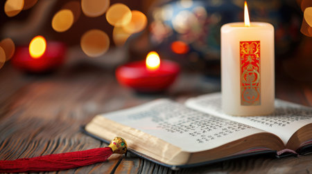 A tranquil setting featuring an open book beside a softly glowing candle. The warm light and festive decorations create a cozy atmosphere perfect for reading and relaxation.の素材