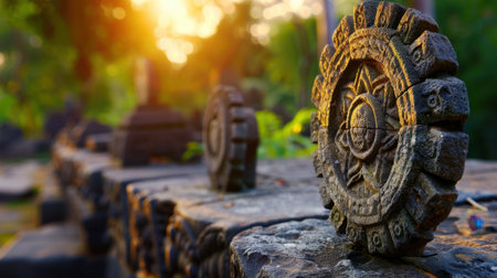 Discover the beauty of ancient stone relics with intricate carvings, illuminated by warm sunset light in a peaceful natural setting, highlighting cultural heritage.の素材