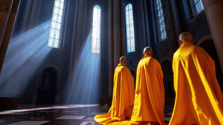 Three monks dressed in vibrant yellow robes stand peacefully inside a magnificent cathedral, where rays of sunlight illuminate the sacred space, creating an atmosphere of serene contemplation and spiritual devotion.の素材