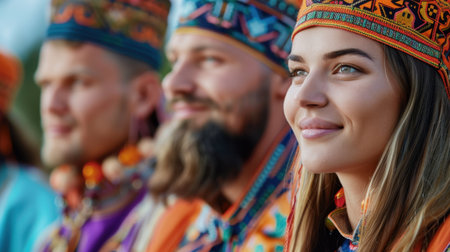 A vibrant scene depicting individuals in colorful traditional attire, showcasing their cultural heritage and joyful expressions during a community gathering.の素材
