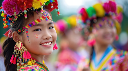 A joyful young girl wearing traditional attire and a colorful headdress smiles warmly at a cultural celebration, showcasing the essence of heritage and community.の素材