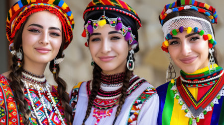 Three women adorned in vibrant traditional costumes showcase unique cultural heritage, exuding joy and beauty with their bright accessories and friendly smiles.の素材