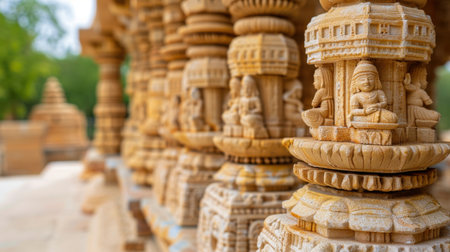 Close-up view of intricately carved stone pillars at an ancient temple, showcasing detailed sculptures and historical architectural artistry against a serene backdrop.の素材