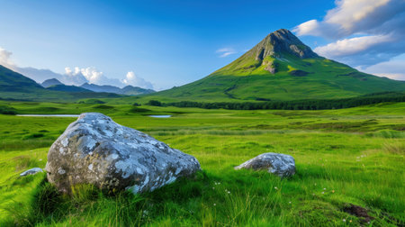 Explore a breathtaking highland scene featuring a towering mountain, expansive green fields, and a clear blue sky, perfect for nature lovers.の素材