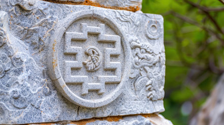 This image showcases a beautifully detailed stone carving featuring intricate symbols and patterns, set against a vibrant green backdrop. The craftsmanship reflects traditional artistry and showcases the beauty of nature surrounding the adorned stone surface.の素材