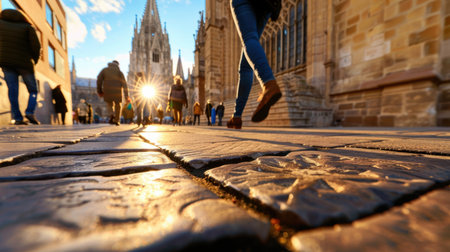This stunning image captures the warm glow of a sunset illuminating a bustling city street with people walking and historic architecture in the background.の素材