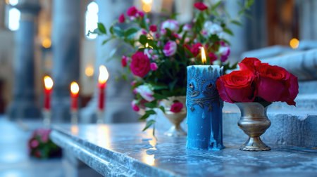 A mesmerizing display of a blue candle and vibrant red roses graces a church interior, evoking peace and spirituality perfect for various themes.の素材