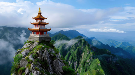 A stunning view of a traditional pagoda perched on a rocky mountain summit, surrounded by lush greenery and dramatic clouds, perfect for nature lovers.の素材