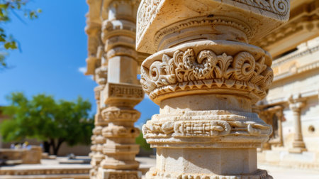 This image showcases intricate stone carvings on columns of ancient architecture, revealing exquisite craftsmanship against a vibrant blue sky.の素材
