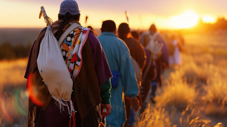 A group of Native American individuals walks together at sunset, showcasing their traditional attire against a breathtaking natural landscape. The scene captures the essence of community and cultural heritage.の素材