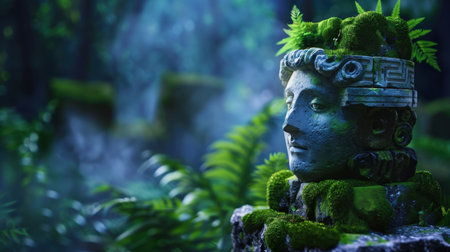 This enchanting image showcases an ancient stone sculpture partially covered in moss and surrounded by vibrant greenery, creating a mystical atmosphere.の素材