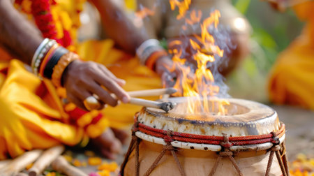 A captivating scene of a drummer performing with intense focus, flames dancing from a traditional drum during a cultural celebration in nature.の素材