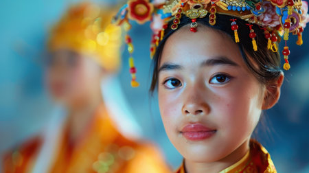 A beautiful young girl poses elegantly in traditional attire, featuring an intricate headpiece, capturing the essence of cultural heritage and artistry.の素材