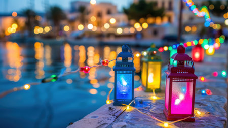Colorful lanterns lit up at a waterfront create a captivating atmosphere at night. The soft glow reflects off the water, enhancing the tranquil scene.の素材