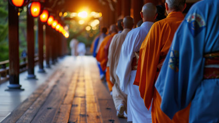 A serene scene of monks walking in traditional attire, illuminated by warm sunset light, showcases cultural rituals in a peaceful temple environment.の素材