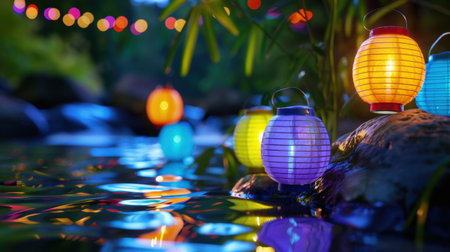A serene scene of colorful lanterns floating on calm water, reflecting soft lights in a tranquil outdoor setting, perfect for gatherings or events.の素材