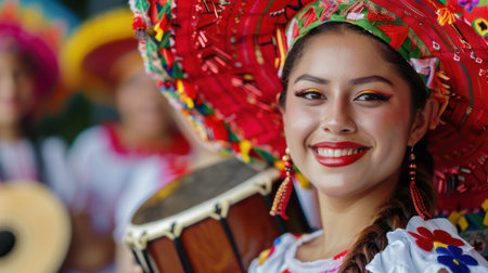 This captivating image features a young woman smiling joyfully while wearing a colorful sombrero and traditional attire. She holds a drum, embodying the festive spirit of cultural celebrations.の素材