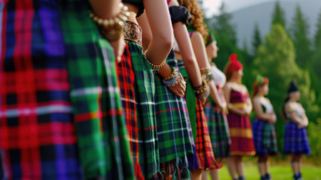 A group of traditional dancers showcasing vibrant costumes in a serene natural environment. Each outfit reflects rich cultural heritage and community spirit.の素材