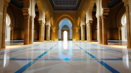A stunning interior space featuring grand arches and reflective marble floors, showcasing exquisite traditional architecture and elegant design.の素材