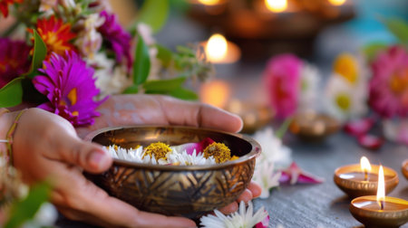A close-up view of a hand delicately holding a beautifully crafted bowl filled with flowers, accompanied by flickering candles, creating a tranquil and spiritual atmosphere.の素材
