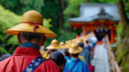 Explore the serene atmosphere of a traditional pilgrimage as colorful worshippers approach a historic temple, immersed in nature's beauty.の素材