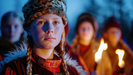 A young girl in traditional attire stands in the foreground, holding a torch, surrounded by a group of individuals in a captivating winter evening landscape.の素材