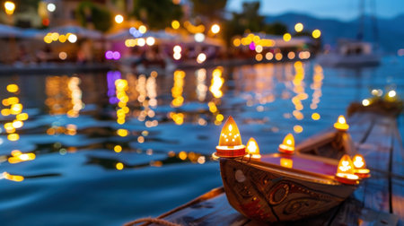 A stunning boat adorned with glowing lights rests gently on a tranquil lake during the evening. The colorful bokeh background creates a festive atmosphere, perfect for evoking relaxation and beauty in any setting.の素材