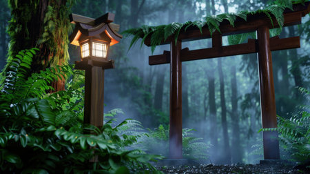 Experience a serene Japanese garden scene featuring a charming lantern beside a misty torii gate, surrounded by lush green ferns in a tranquil forest setting.の素材